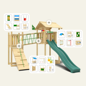 Customised climbing frame with slide and swings shown on a mobile phone