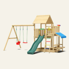 Wooden climbing frame with swing and slide