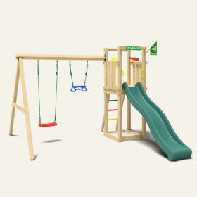 Wooden swing set with swings and slide